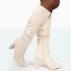 Mine Ecru Croc Pointed Toe Block Heeled Knee High Boots
