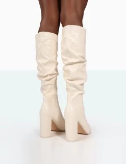 Mine Ecru Croc Pointed Toe Block Heeled Knee High Boots -Chic Footwear Shop 771A9961 bfafda0a bd2c 4fe9 a3fd 9046ad9e47bc