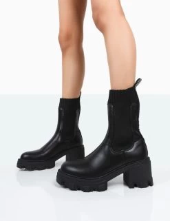 Everdeen Black PU And Knit Chunky Heeled Platform Sock Ankle Boots -Chic Footwear Shop 771A9980 428f3591 cc07 494a b5e2 d0e4731d38b7