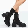 Everdeen Black PU And Knit Chunky Heeled Platform Sock Ankle Boots