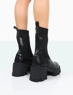 Everdeen Black PU And Knit Chunky Heeled Platform Sock Ankle Boots -Chic Footwear Shop 771A9982 3a91bd45 dfce 4c48 bd32 8dd93f6a95d8