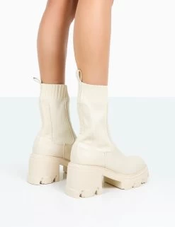 Everdeen Ecru PU And Knit Chunky Heeled Platform Sock Ankle Boots 9 Everdeen Ecru PU And Knit Chunky Heeled Platform Sock Ankle Boots -Chic Footwear Shop 771A9992