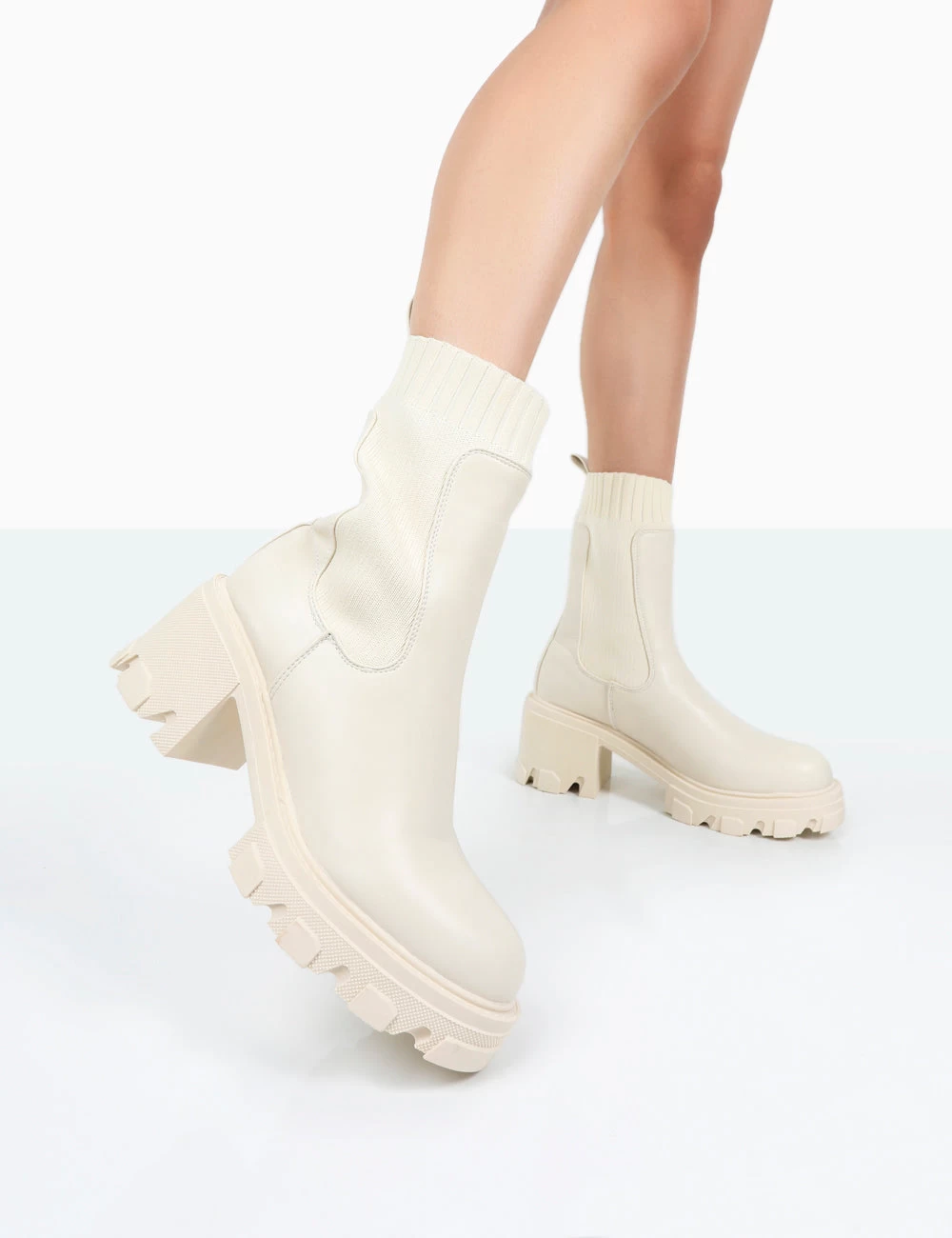 Everdeen Ecru PU And Knit Chunky Heeled Platform Sock Ankle Boots 3 Everdeen Ecru PU And Knit Chunky Heeled Platform Sock Ankle Boots