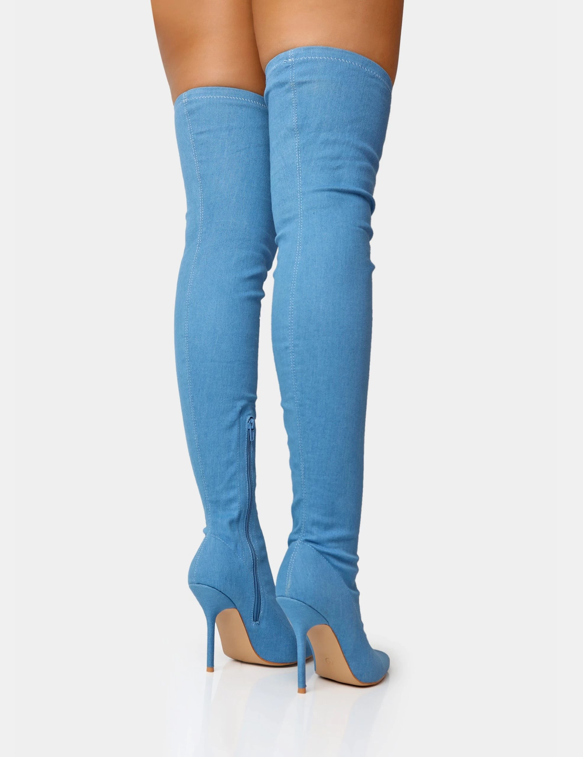 Jodie Blue Denim Seam Detail Pointed Toe Stiletto Thigh High Boots 4 Jodie Blue Denim Seam Detail Pointed Toe Stiletto Thigh High Boots - Image 2