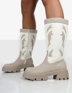 Fly Away Ecru Pu Round Toe Western Cowboy Platform Chunky Sole Knee High Boots -Chic Footwear Shop 8 fdec49c8 b08f 42c3 b1fb 599ee08bd57a