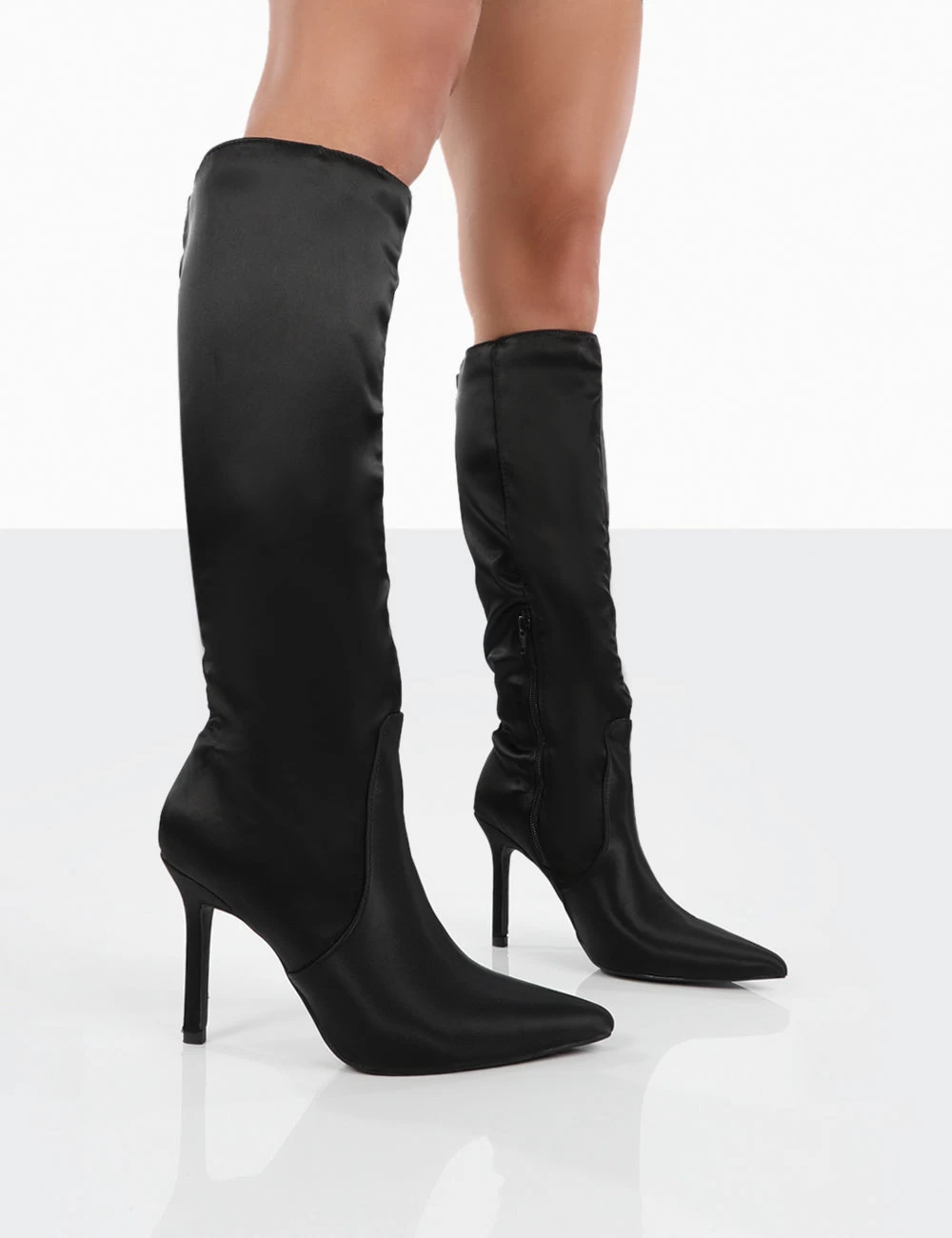 Best Believe Black Satin Pointed Toe Stiletto Heeled Knee High Boots 3 Best Believe Black Satin Pointed Toe Stiletto Heeled Knee High Boots