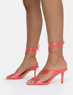 Esla Coral Satin Multi Strap Lace Up Square Toe Mid Stiletto Heels -Chic Footwear Shop AQ4A0007