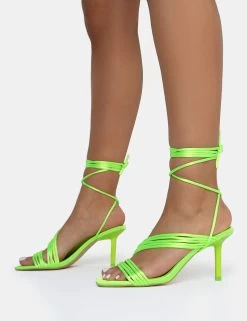 Esla Lime Satin Multi Strap Lace Up Square Toe Mid Stiletto Heels -Chic Footwear Shop AQ4A0012