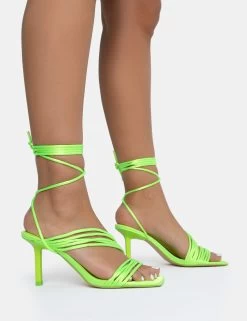 Esla Lime Satin Multi Strap Lace Up Square Toe Mid Stiletto Heels