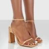 Charlotte Camel Patent Square Toe Strappy Block Heels