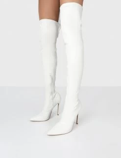Confidence White Stiletto Heeled Over The Knee PU Boots -Chic Footwear Shop CONFIDENCEWHITEDETAILcopy
