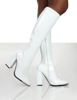 Caryn White Patent Wide Fit Knee High Block Heeled Boots -Chic Footwear Shop Carynwhitewalking