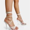 Aspen White Knot Strap Lace Up Square Toe Stiletto Heels