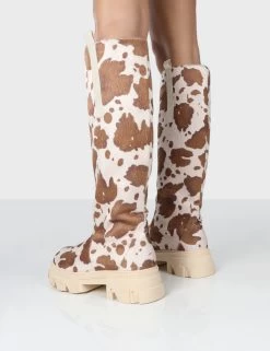 Amber X Public Desire Genius Cow Print Platform Knee High Chunky Sole Boot -Chic Footwear Shop GENIUSCOWPRINTBACK