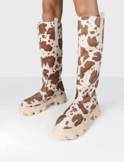 Amber X Public Desire Genius Cow Print Platform Knee High Chunky Sole Boot -Chic Footwear Shop GENIUSCOWPRINTDETAIL