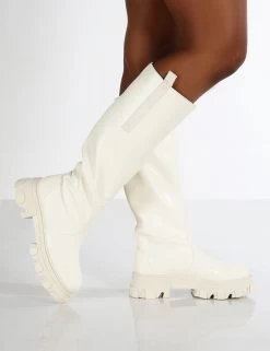 Genius Ecru Wide Fit Knee High Chunky Sole Boots -Chic Footwear Shop GENIUS ECRU2
