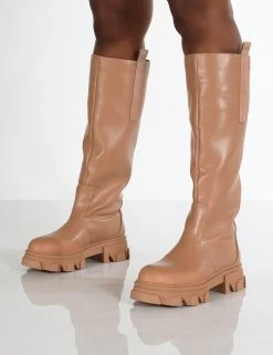Genius Wide Fit Tan Knee High Platform Chunky Sole Boots -Chic Footwear Shop GENIUS TAN2