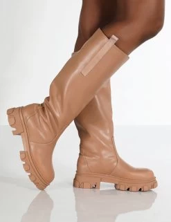 Genius Wide Fit Tan Knee High Platform Chunky Sole Boots -Chic Footwear Shop GENIUS TAN2 1