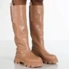 Genius Wide Fit Tan Knee High Platform Chunky Sole Boots -Chic Footwear Shop GENIUS TAN2 3