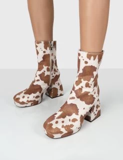 Imagine Wide Fit Brown Cow Print Chunky Heel Ankle Boots -Chic Footwear Shop IMAGINEBROWNCOWPRINTDETAIL 8d24f8c2 4777 40e4 93af e5415dbb5806
