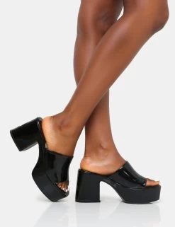 Ariel Black Patent Mule Chunky Mid Platform Heels -Chic Footwear Shop IMG 0261