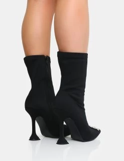 Modena Black Nylon Diamantie Broach Cake Stand Heel Sock Ankle Boot -Chic Footwear Shop IMG 0615copy