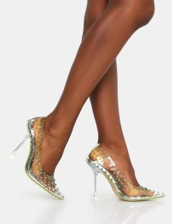 Fancy Lime Diamante Court Clear Perspex Pointed Toe Stiletto Heels -Chic Footwear Shop IMG 0646