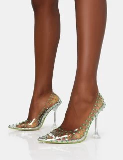 Fancy Lime Diamante Court Clear Perspex Pointed Toe Stiletto Heels -Chic Footwear Shop IMG 0651