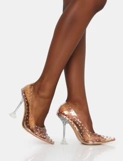 Fancy Rose Gold Diamante Clear Perspex Pointed Toe Stiletto Heels -Chic Footwear Shop IMG 0656