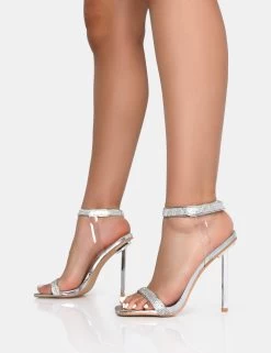 Afterglow Silver PU Barely There Diamante Strap Square Toe Stiletto Heels -Chic Footwear Shop IMG 1139
