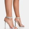 Afterglow Silver PU Barely There Diamante Strap Square Toe Stiletto Heels