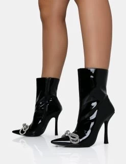 Orla Black Patent Diamante Bow Pointed Toe Stiletto Ankle Boots -Chic Footwear Shop IMG 1160