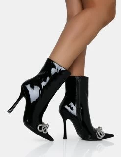 Orla Black Patent Diamante Bow Pointed Toe Stiletto Ankle Boots -Chic Footwear Shop IMG 1161