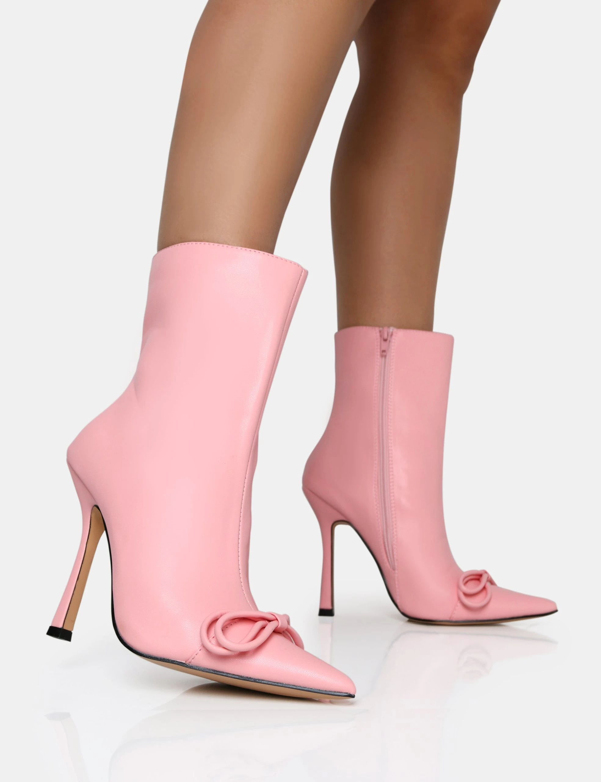 Rhia Pink Pu Bow Pointed Toe Stiletto Ankle Boots 3 Rhia Pink Pu Bow Pointed Toe Stiletto Ankle Boots