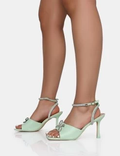 Front Row Pastel Green Diamante Bow Square Toe Mid Stiletto Heels -Chic Footwear Shop IMG 1168