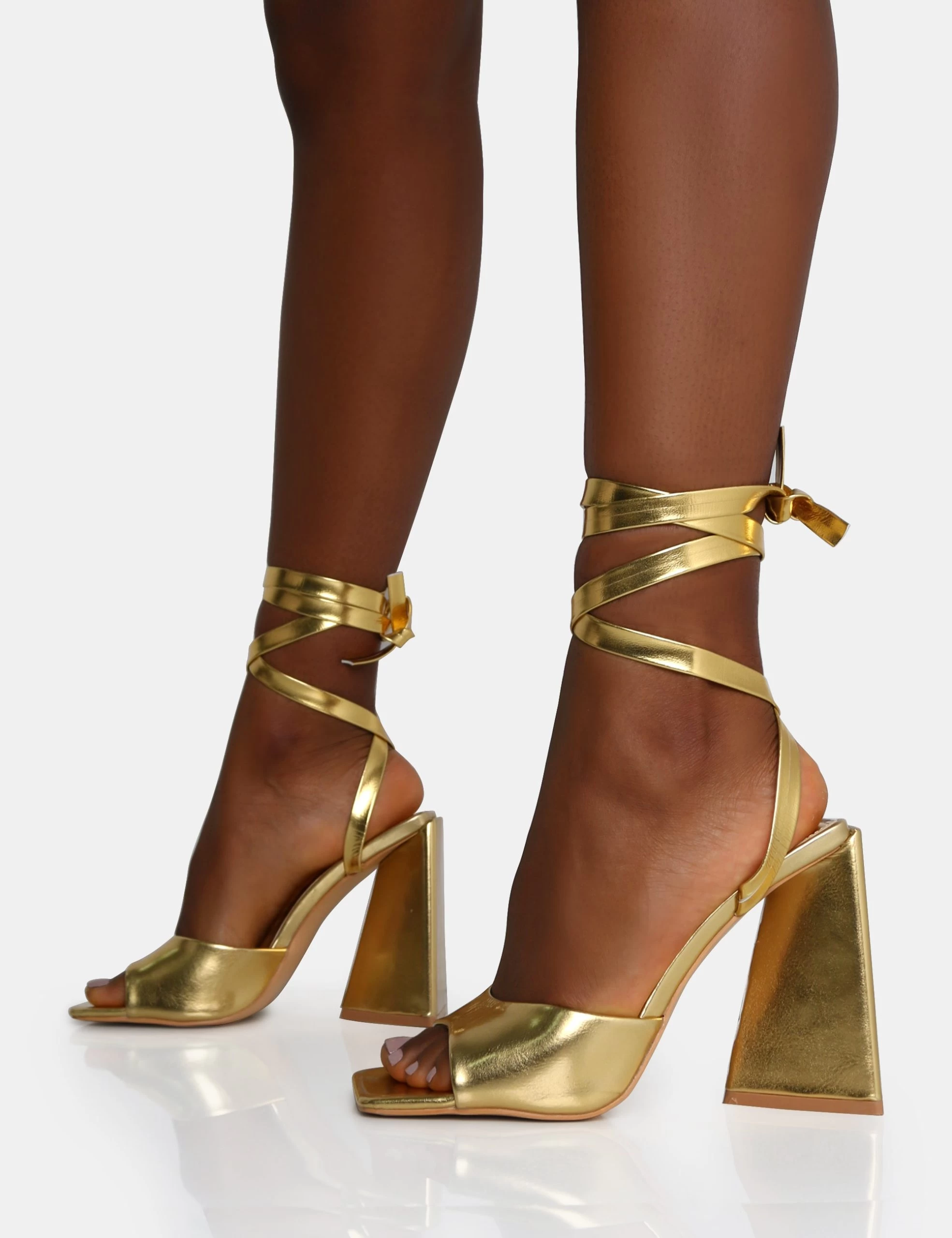 Mojito Gold Lace Up Pyramid Block Heels 5 Mojito Gold Lace Up Pyramid Block Heels - Image 3