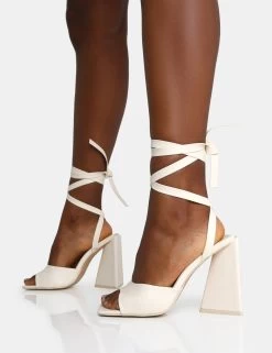 Mojito Wide Fit Ecru Pu Lace Up Pyramid Block Heels -Chic Footwear Shop IMG 1200