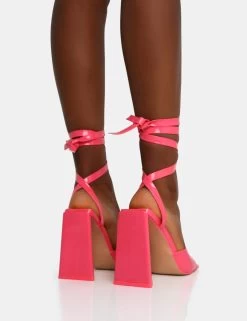 Mojito Coral Patent Lace Up Pyramid Block Heels 8 Mojito Coral Patent Lace Up Pyramid Block Heels -Chic Footwear Shop IMG 1203