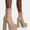 Supine Nude PU Chunky Heeled Platform Ankle Boots