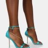 Loyal Blue Satin Chain Detail Square Toe Gold Stiletto Heels