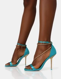 Loyal Blue Satin Chain Detail Square Toe Gold Stiletto Heels -Chic Footwear Shop IMG 1268