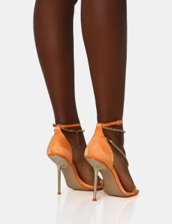 Loyal Orange Satin Chain Detail Square Toe Gold Stiletto Heels -Chic Footwear Shop IMG 1272