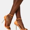 Loyal Orange Satin Chain Detail Square Toe Gold Stiletto Heels
