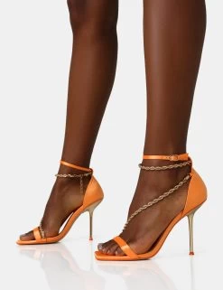 Loyal Orange Satin Chain Detail Square Toe Gold Stiletto Heels -Chic Footwear Shop IMG 1274