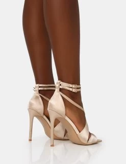 Moana Champagne Satin Cross Over Strap Square Toe Stiletto Heels 9 Moana Champagne Satin Cross Over Strap Square Toe Stiletto Heels -Chic Footwear Shop IMG 1299