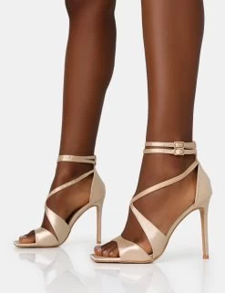 Moana Champagne Satin Cross Over Strap Square Toe Stiletto Heels 8 Moana Champagne Satin Cross Over Strap Square Toe Stiletto Heels -Chic Footwear Shop IMG 1300