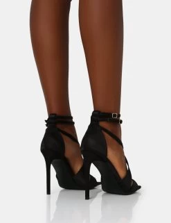 Moana Black Satin Cross Over Strap Square Toe Stiletto Heels -Chic Footwear Shop IMG 1303