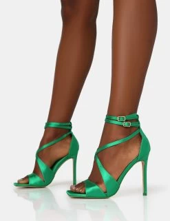 Moana Green Satin Cross Over Strap Square Toe Stiletto Heels -Chic Footwear Shop IMG 1312