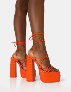 Glow Girl Orange Croc Lace Up Platform Heels