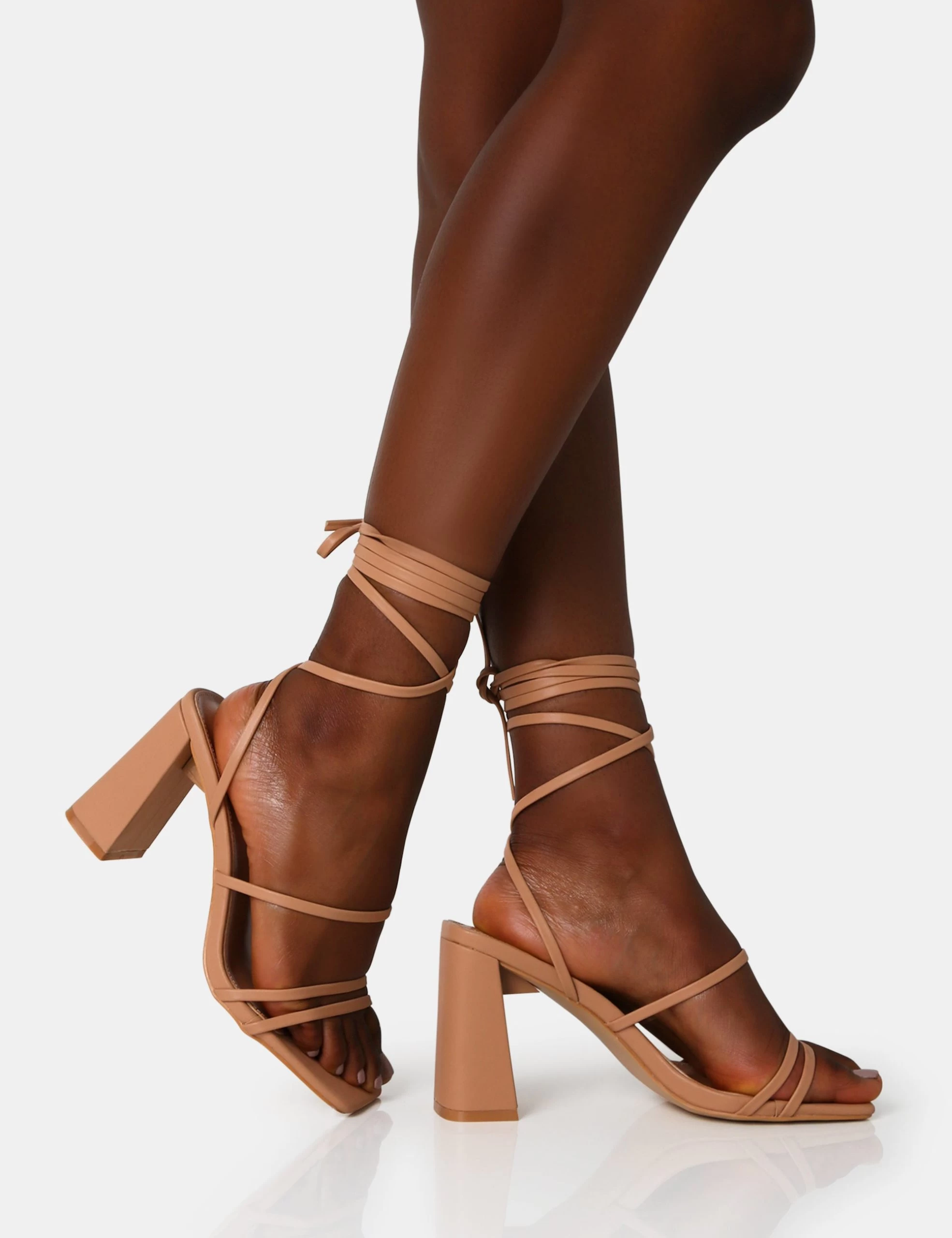 Natty Wide Fit Nude Pu Lace Up Square Toe Mid Block Heels 4 Natty Wide Fit Nude Pu Lace Up Square Toe Mid Block Heels - Image 2